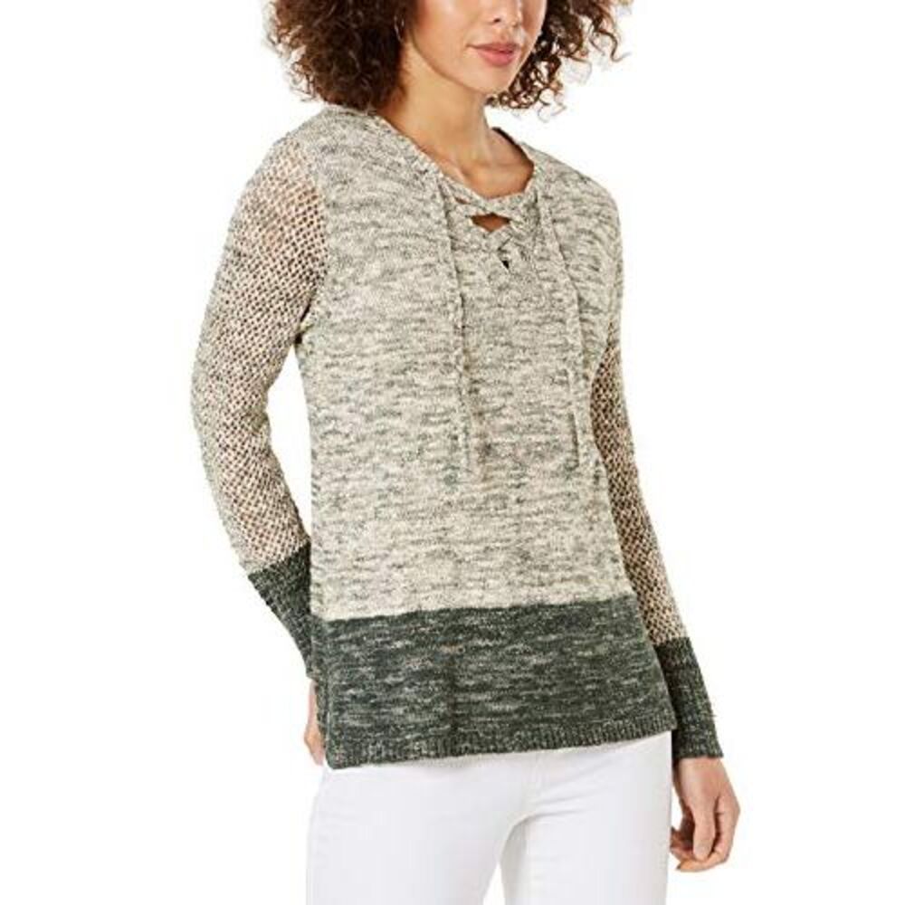 Style & Co Pointelle Sleeve Lace Up Sweater